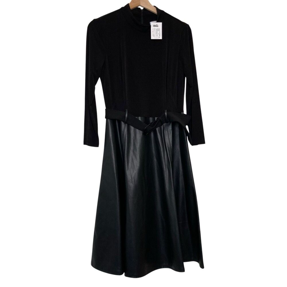 Calvin Klein Twofer Black Belted Dress 6 NWT Faux Leather Skirt